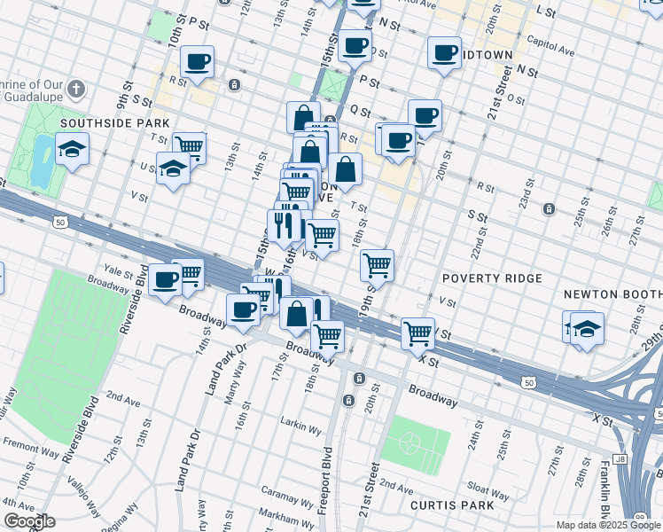 map of restaurants, bars, coffee shops, grocery stores, and more near 1710 V Street in Sacramento