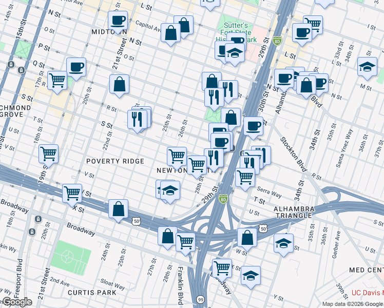 map of restaurants, bars, coffee shops, grocery stores, and more near S Street & 27th Street in Sacramento