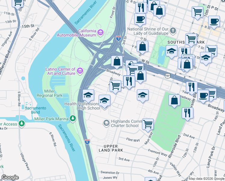 map of restaurants, bars, coffee shops, grocery stores, and more near 306 1st Avenue in Sacramento