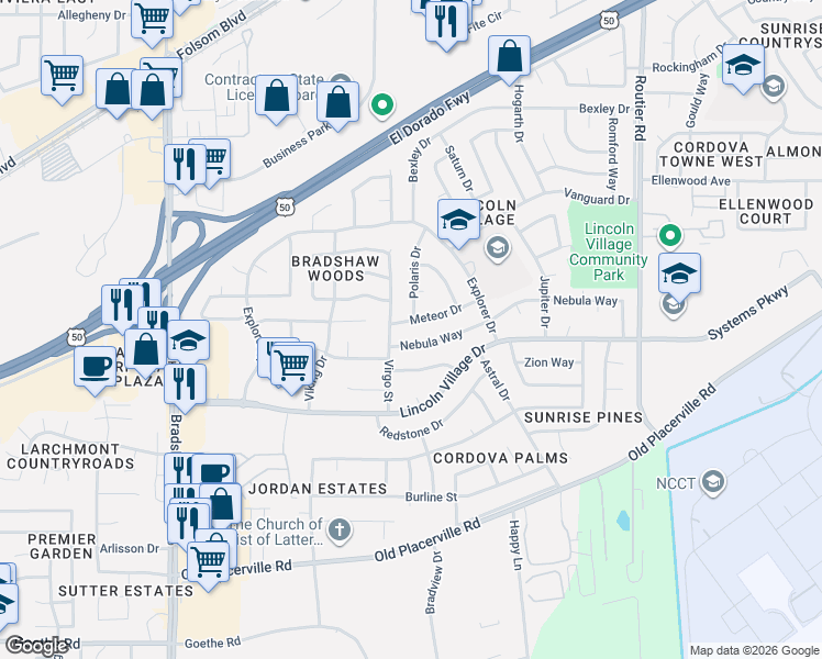 map of restaurants, bars, coffee shops, grocery stores, and more near 3331 Virgo Street in Sacramento