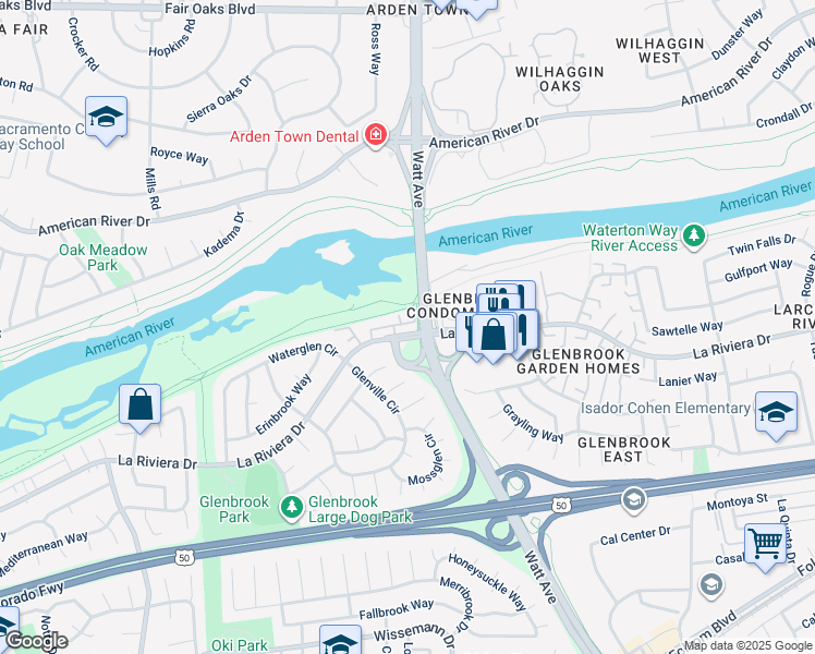 map of restaurants, bars, coffee shops, grocery stores, and more near 8629 La Riviera Drive in Sacramento