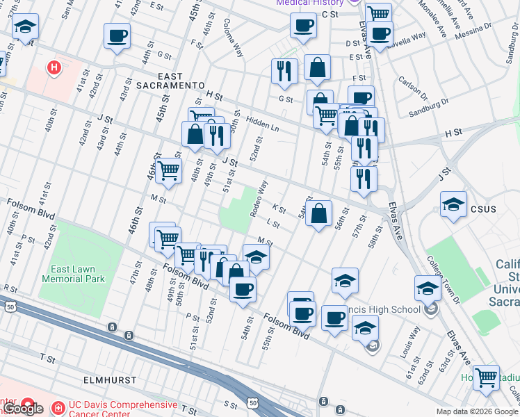 map of restaurants, bars, coffee shops, grocery stores, and more near 1065 Rodeo Way in Sacramento