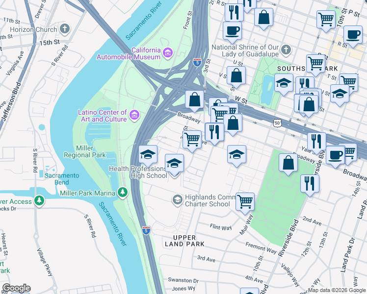 map of restaurants, bars, coffee shops, grocery stores, and more near 306 1st Avenue in Sacramento