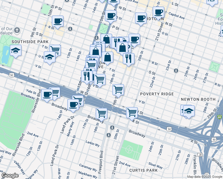 map of restaurants, bars, coffee shops, grocery stores, and more near 1805 V Street in Sacramento