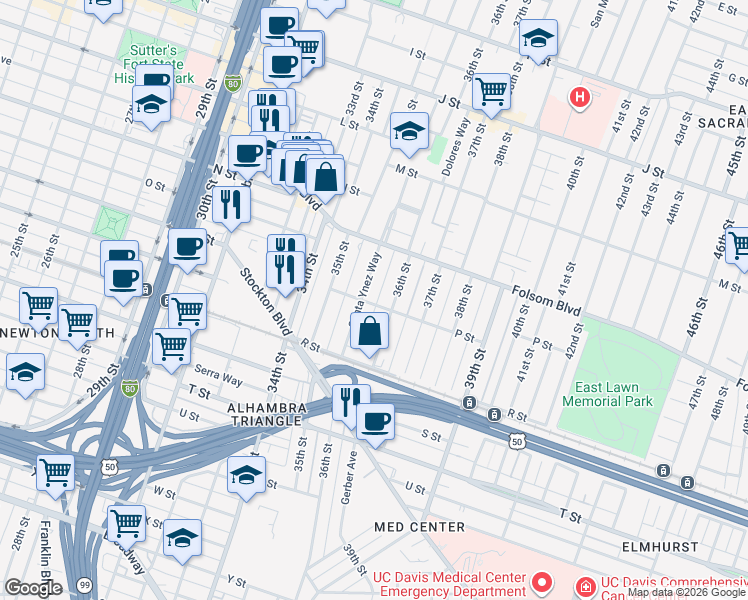map of restaurants, bars, coffee shops, grocery stores, and more near 1544 Santa Ynez Way in Sacramento