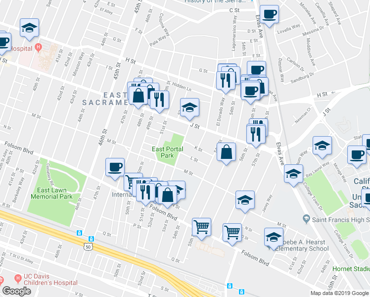 map of restaurants, bars, coffee shops, grocery stores, and more near 1065 Rodeo Way in Sacramento