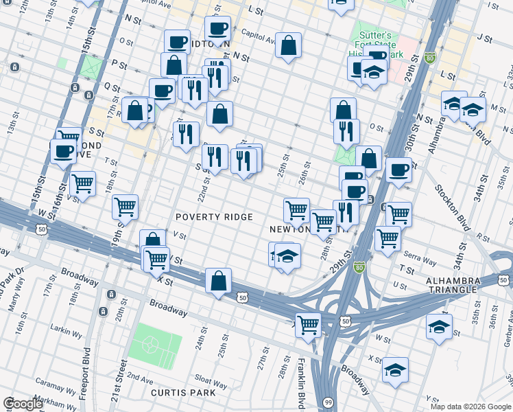map of restaurants, bars, coffee shops, grocery stores, and more near 2415 T Street in Sacramento