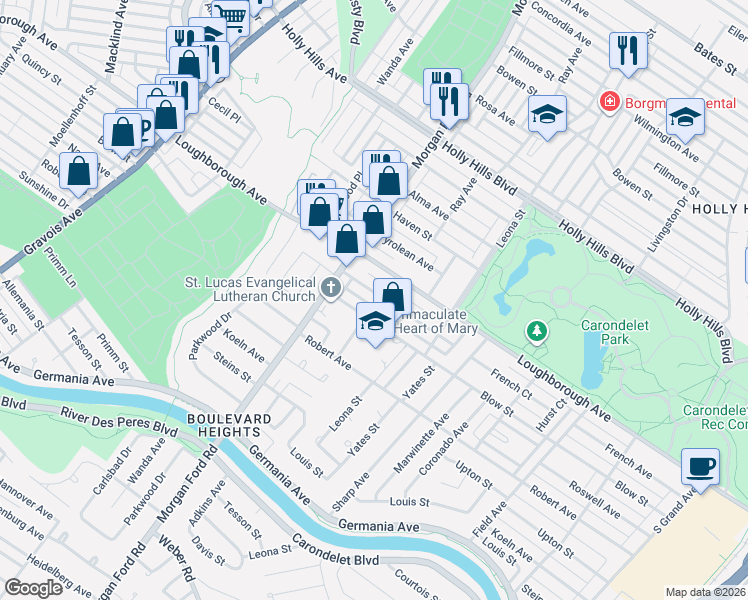 map of restaurants, bars, coffee shops, grocery stores, and more near 4142 Loughborough Avenue in St. Louis