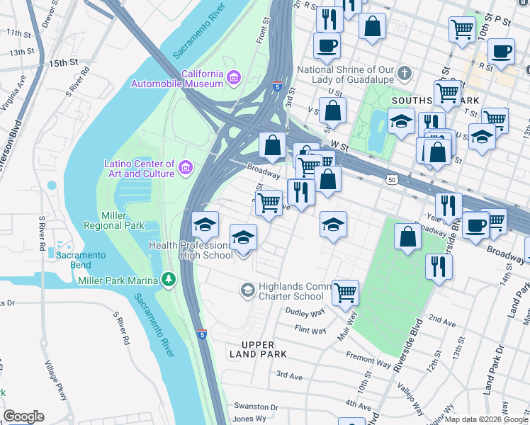 map of restaurants, bars, coffee shops, grocery stores, and more near 306 1st Avenue in Sacramento