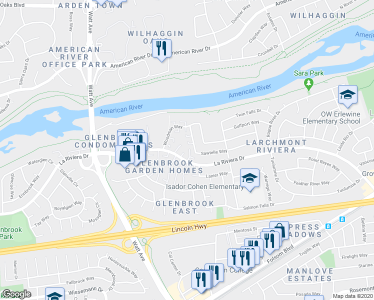 map of restaurants, bars, coffee shops, grocery stores, and more near 8869 La Riviera Drive in Sacramento
