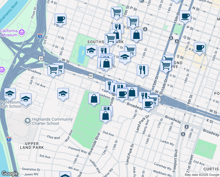 map of restaurants, bars, coffee shops, grocery stores, and more near 1100 X Street in Sacramento