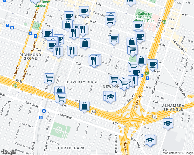 map of restaurants, bars, coffee shops, grocery stores, and more near 2405 T Street in Sacramento