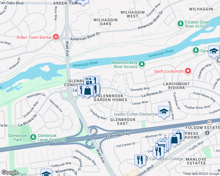 map of restaurants, bars, coffee shops, grocery stores, and more near La Riviera Dr & Woodman Way in La Riviera