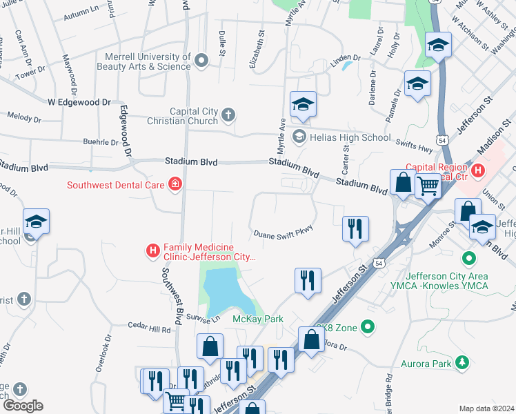 map of restaurants, bars, coffee shops, grocery stores, and more near 1227 Duane Swift Parkway in Jefferson City