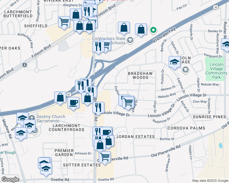 map of restaurants, bars, coffee shops, grocery stores, and more near 9752 Greensboro Circle in Sacramento