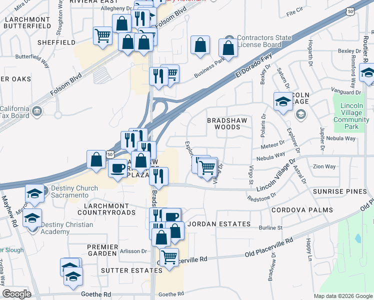 map of restaurants, bars, coffee shops, grocery stores, and more near 9617 Greensboro Circle in Sacramento