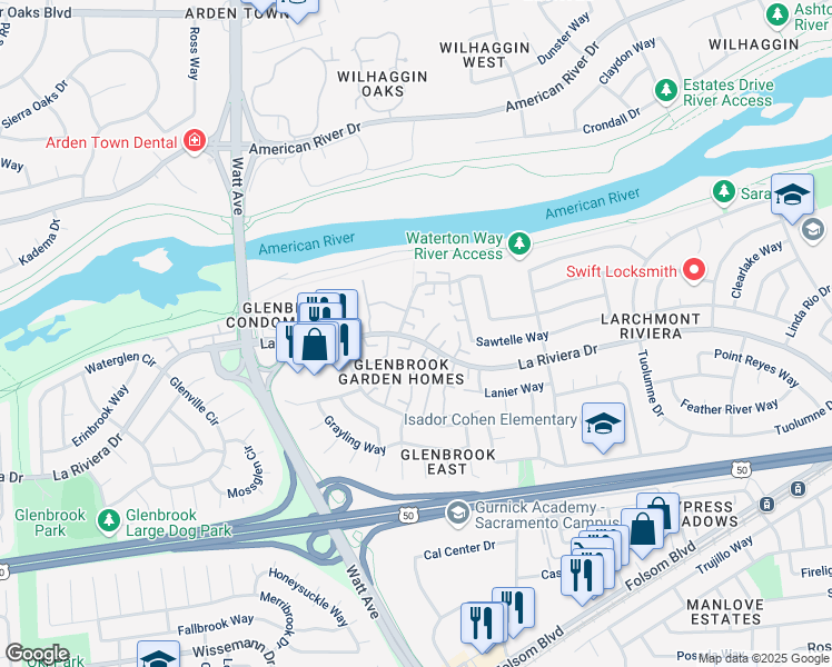 map of restaurants, bars, coffee shops, grocery stores, and more near 8716 Woodman Way in Sacramento