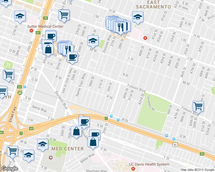 map of restaurants, bars, coffee shops, grocery stores, and more near 1508 38th Street in Sacramento