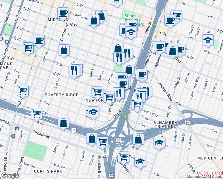 map of restaurants, bars, coffee shops, grocery stores, and more near 1801 27th Street in Sacramento