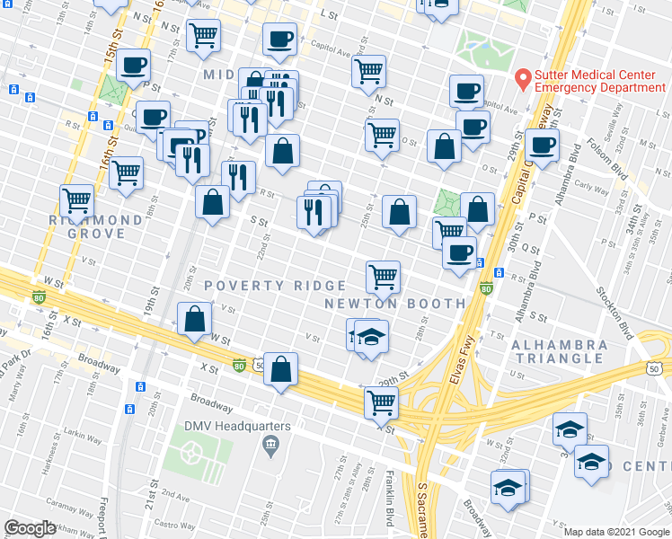 map of restaurants, bars, coffee shops, grocery stores, and more near 1910 24th Street in Sacramento