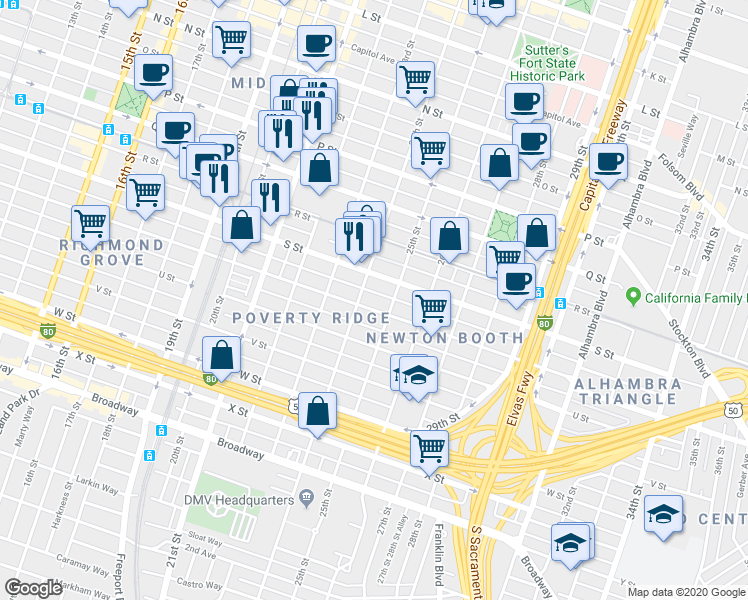 map of restaurants, bars, coffee shops, grocery stores, and more near 1910 24th Street in Sacramento