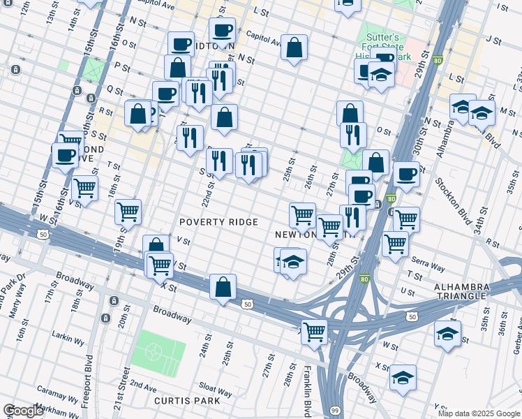 map of restaurants, bars, coffee shops, grocery stores, and more near 1910 24th Street in Sacramento