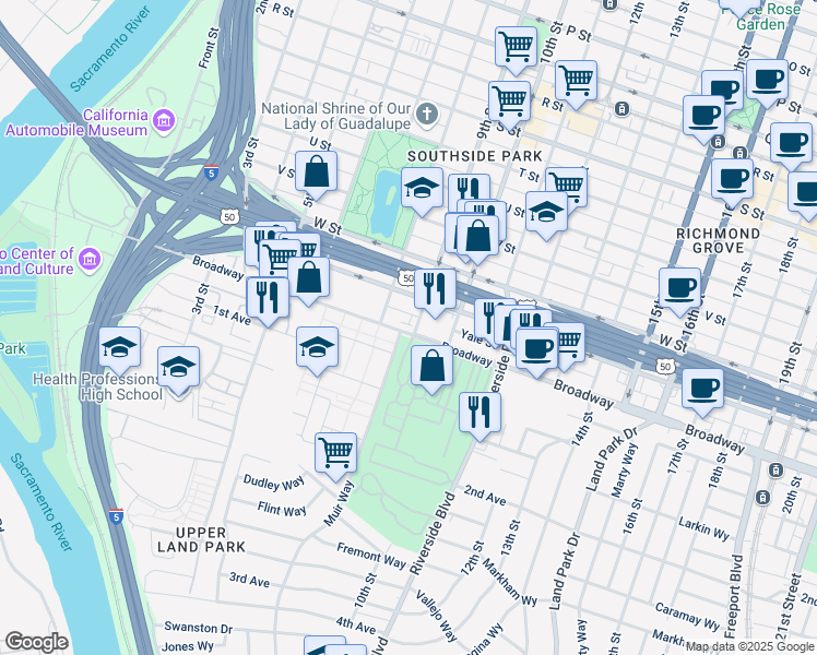 map of restaurants, bars, coffee shops, grocery stores, and more near 910 X Street in Sacramento