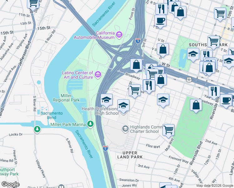 map of restaurants, bars, coffee shops, grocery stores, and more near 168 Box Lane in Sacramento
