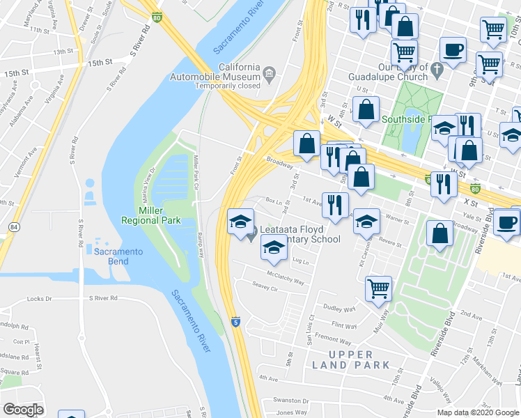 map of restaurants, bars, coffee shops, grocery stores, and more near 168 Box Lane in Sacramento
