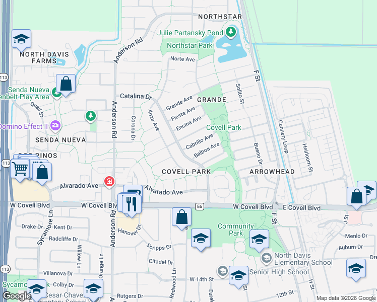 map of restaurants, bars, coffee shops, grocery stores, and more near 421 Cabrillo Avenue in Davis