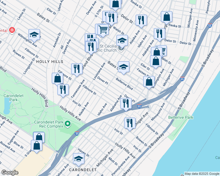 map of restaurants, bars, coffee shops, grocery stores, and more near 901 Dover Place in St. Louis