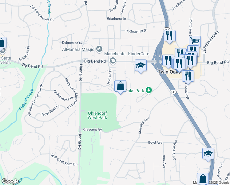 map of restaurants, bars, coffee shops, grocery stores, and more near 1449 Boly Lane in Ballwin