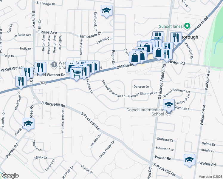 map of restaurants, bars, coffee shops, grocery stores, and more near 7625 General Sherman Lane in Affton