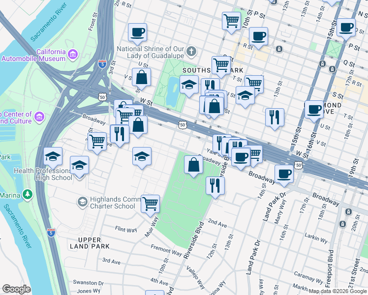 map of restaurants, bars, coffee shops, grocery stores, and more near 910 X Street in Sacramento