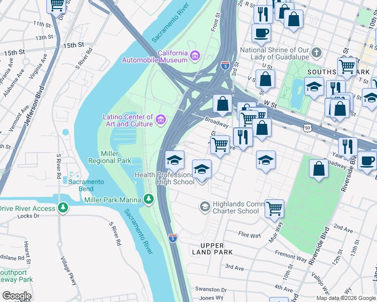 map of restaurants, bars, coffee shops, grocery stores, and more near 168 Box Lane in Sacramento