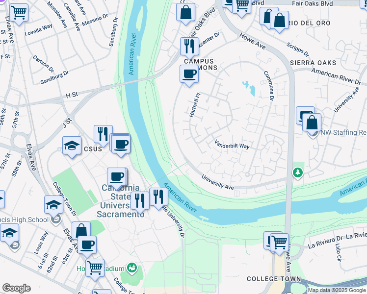 map of restaurants, bars, coffee shops, grocery stores, and more near 808 University Avenue in Sacramento