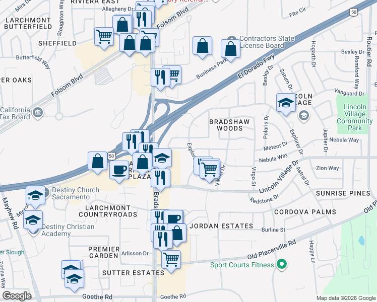 map of restaurants, bars, coffee shops, grocery stores, and more near 9617 Greensboro Circle in Sacramento