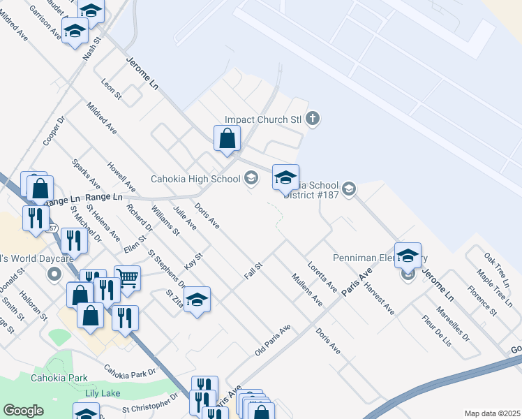 map of restaurants, bars, coffee shops, grocery stores, and more near 800 Range Lane in Cahokia