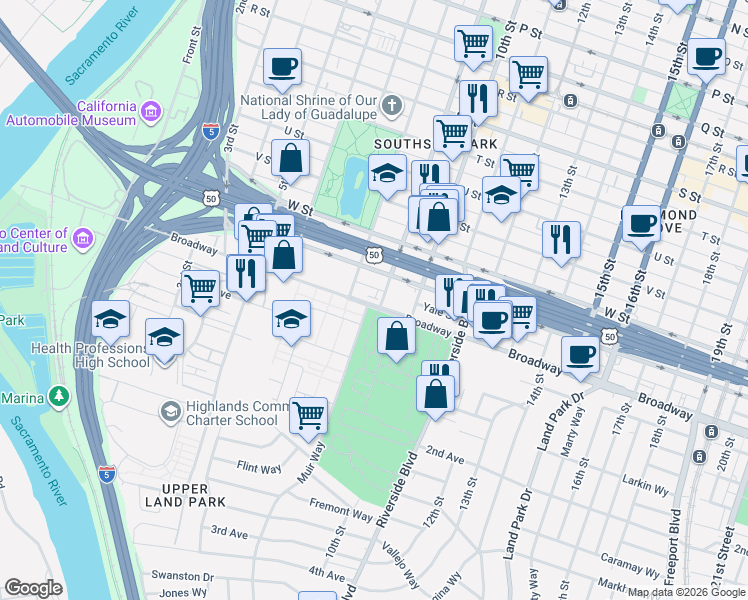 map of restaurants, bars, coffee shops, grocery stores, and more near 910 X Street in Sacramento