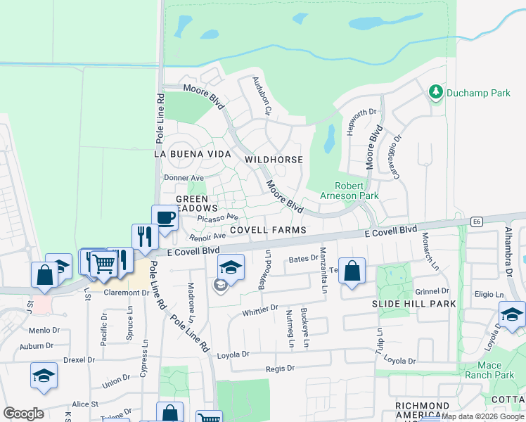 map of restaurants, bars, coffee shops, grocery stores, and more near 1808 Raphael Place in Davis