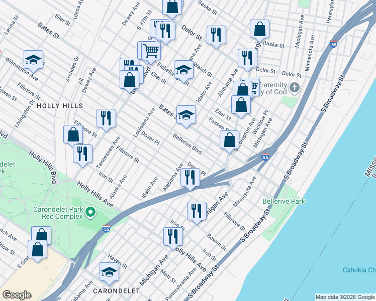 map of restaurants, bars, coffee shops, grocery stores, and more near 728 Bellerive Boulevard in St. Louis