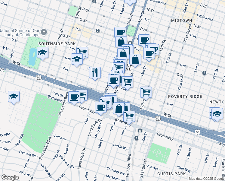 map of restaurants, bars, coffee shops, grocery stores, and more near Victorian Alley in Sacramento