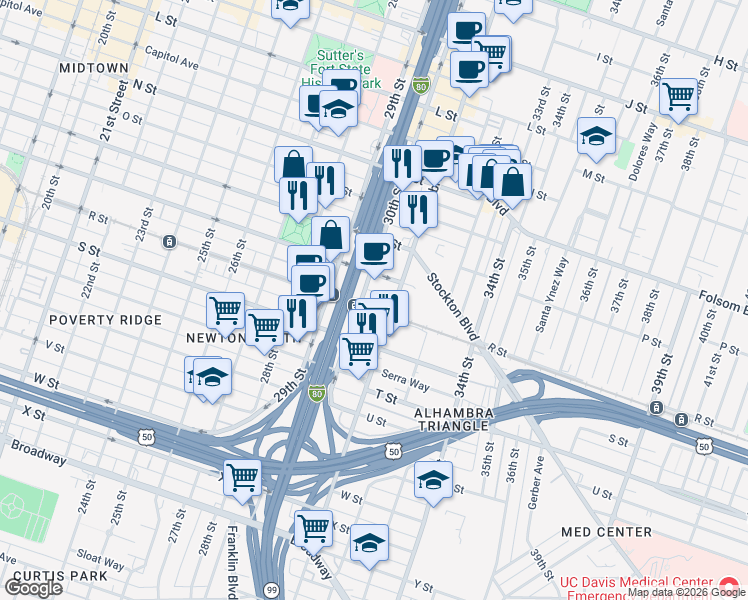 map of restaurants, bars, coffee shops, grocery stores, and more near 1727 30th Street in Sacramento