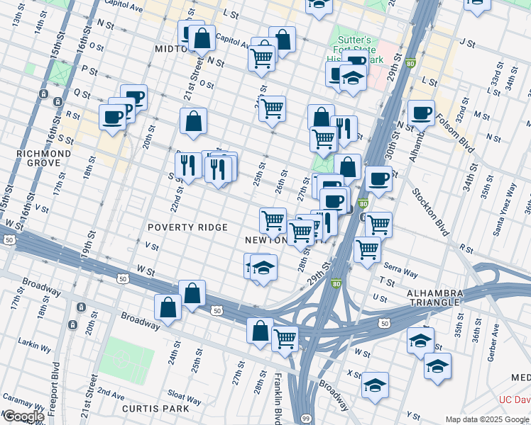 map of restaurants, bars, coffee shops, grocery stores, and more near 2530 S Street in Sacramento