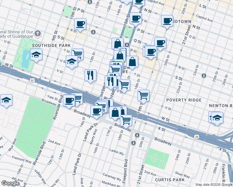 map of restaurants, bars, coffee shops, grocery stores, and more near 2130 16th Street in Sacramento
