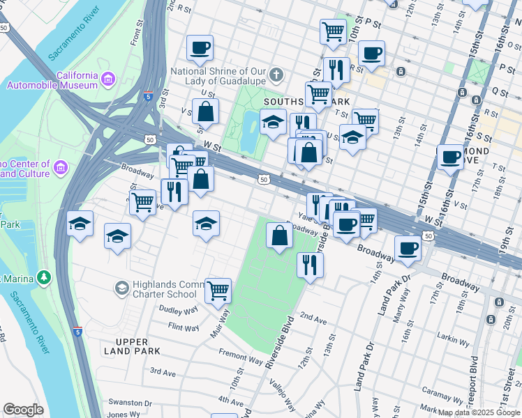 map of restaurants, bars, coffee shops, grocery stores, and more near 815 Broadway in Sacramento
