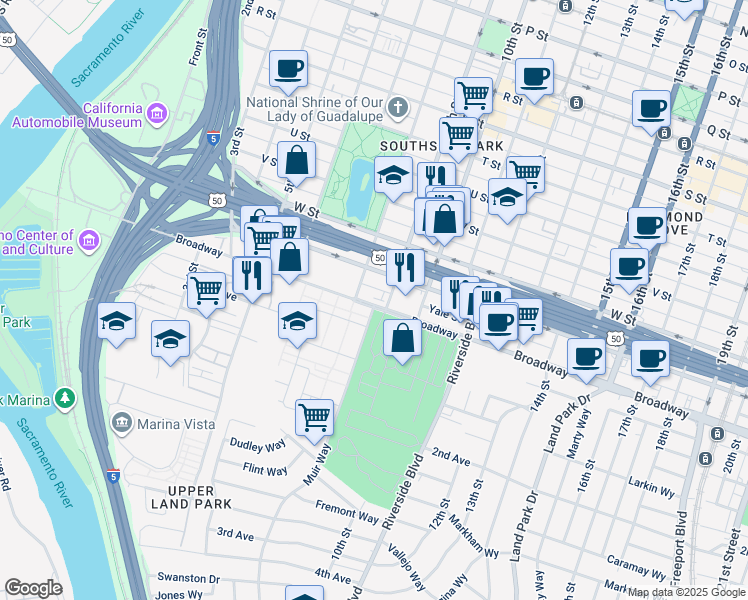map of restaurants, bars, coffee shops, grocery stores, and more near 815 Broadway in Sacramento
