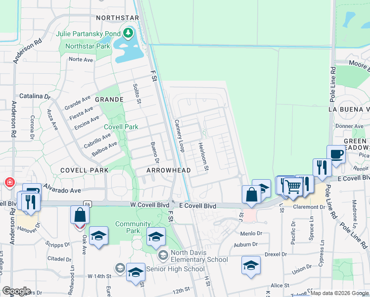 map of restaurants, bars, coffee shops, grocery stores, and more near 945 Sparks Lane in Davis