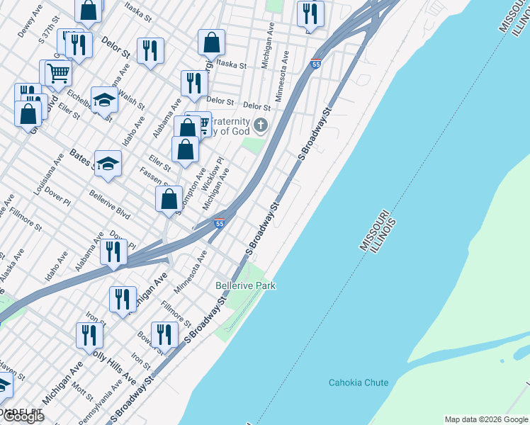 map of restaurants, bars, coffee shops, grocery stores, and more near 5217 South Broadway in St. Louis