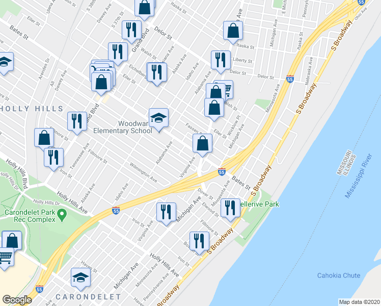 map of restaurants, bars, coffee shops, grocery stores, and more near 539 Bates Street in St. Louis